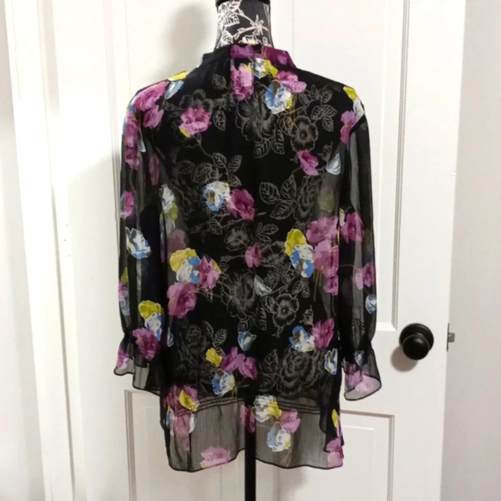 💜LOFT💜 - Black/Multi Floral Sheer L/S Top